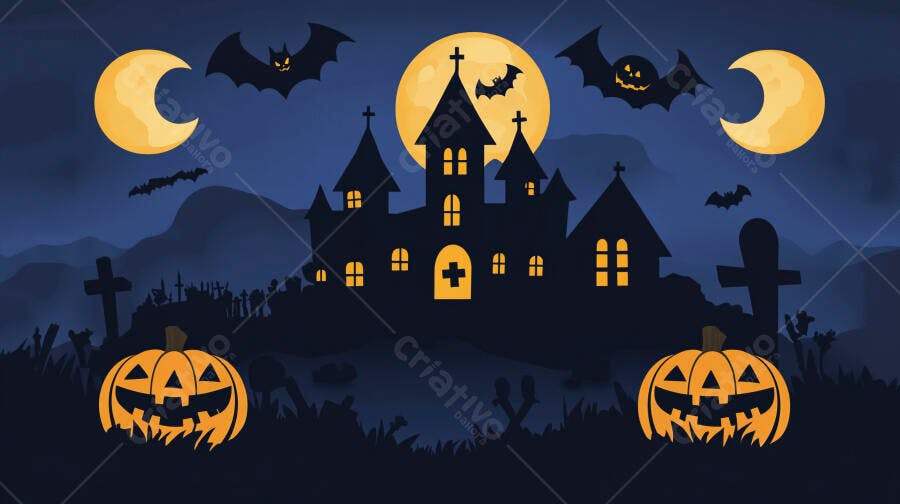 Ilustração Halloween Castelo Assustador Abóboras Morcegos Lua Cheia