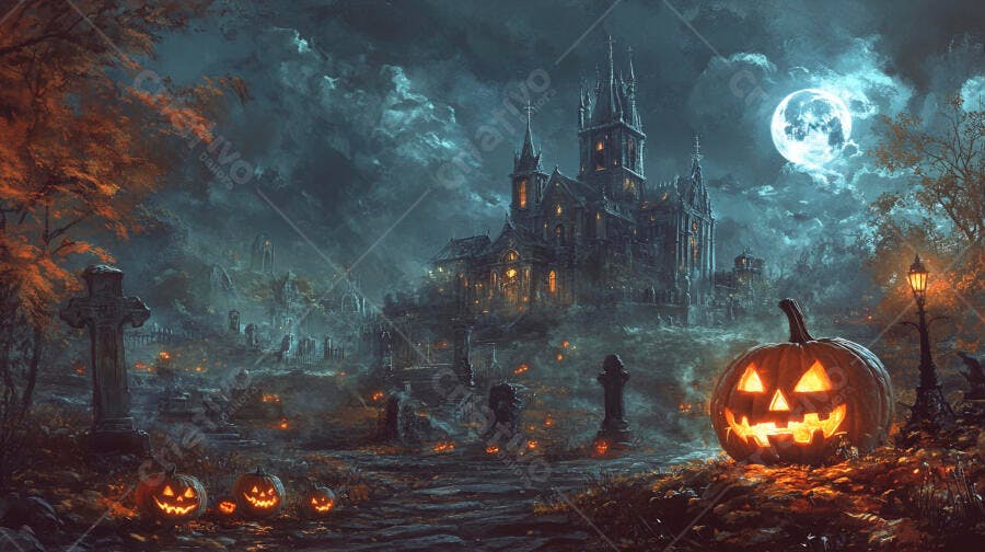 Foto Halloween Abóbora Iluminada Castelo Assustador Noite