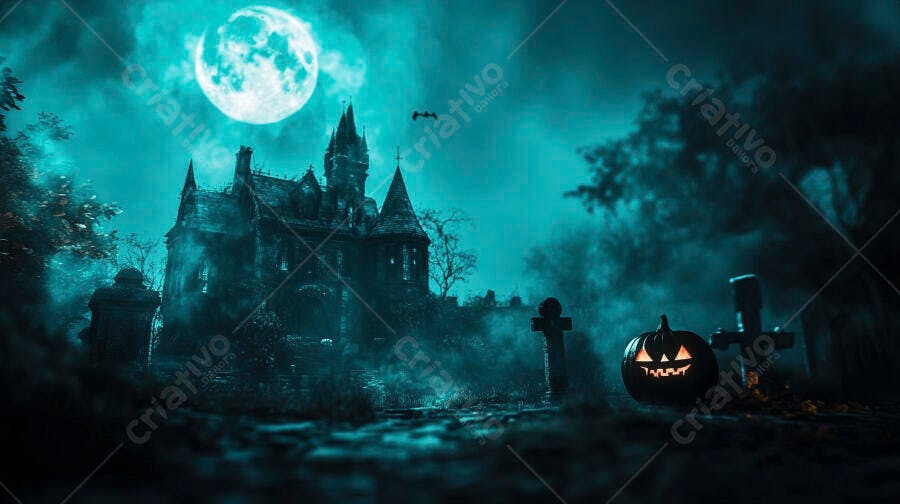 Foto Halloween Castelo Assombrado Noite Lua Cheia Abóbora