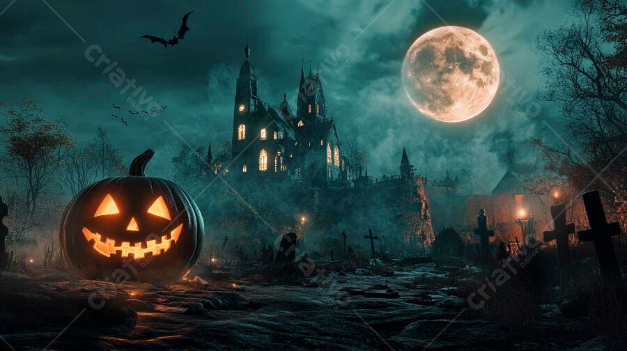 Foto Halloween Abóbora Iluminada Castelo Assustador Noite de Lua Cheia
