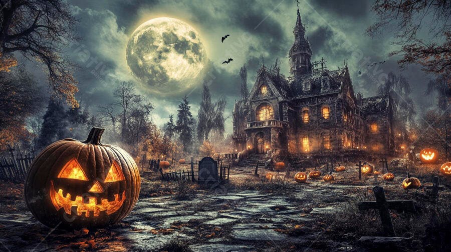 Foto Halloween Abóbora Iluminada Casa Assombrada Lua Cheia