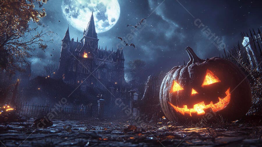 Foto Abóbora Halloween Iluminada Castelo Assustador Noite de Lua Cheia