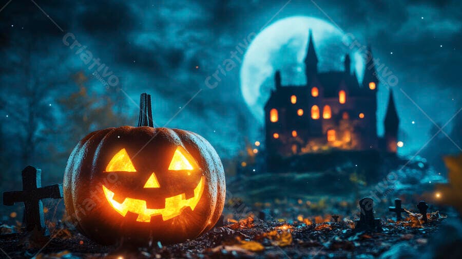 Foto Abóbora Halloween Iluminada Castelo Assombrado Noite Lua Cheia
