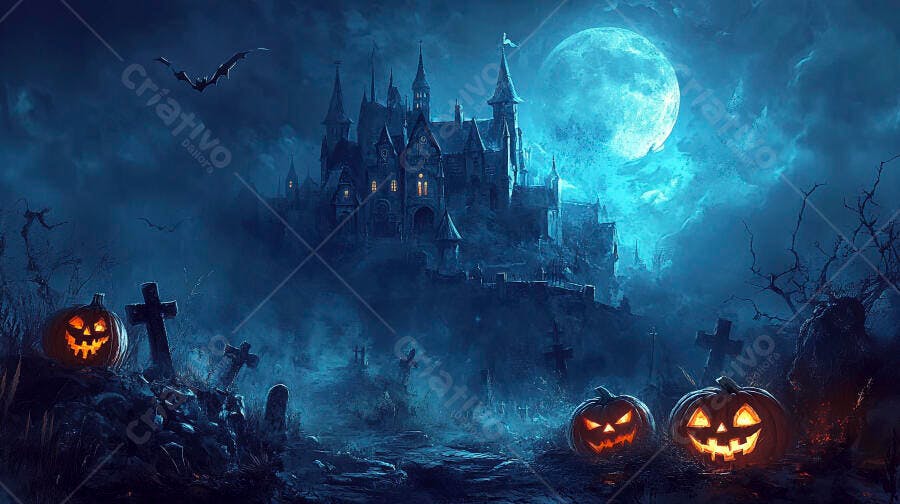 Castelo Assombrado Halloween Noite Lua Cheia Abóboras