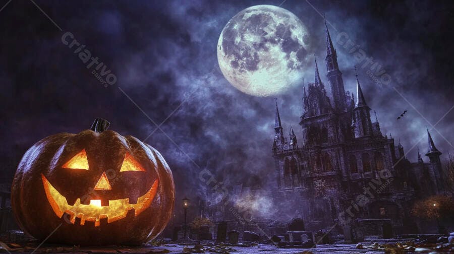 Foto Abóbora Halloween Castelo Lua Cheia Noite Escura