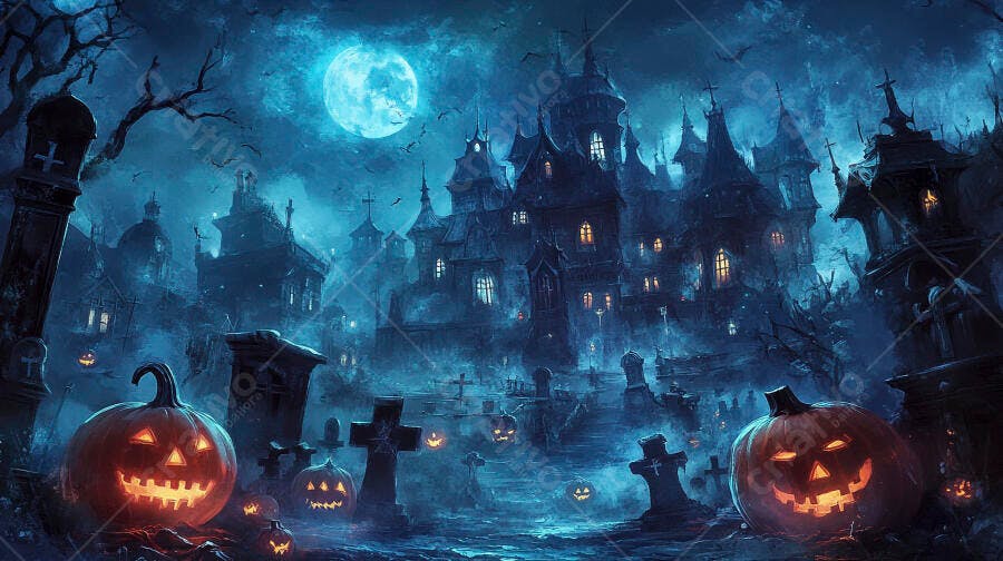 Foto Halloween Castelo Assombrado Noite Lua Cheia Abóboras