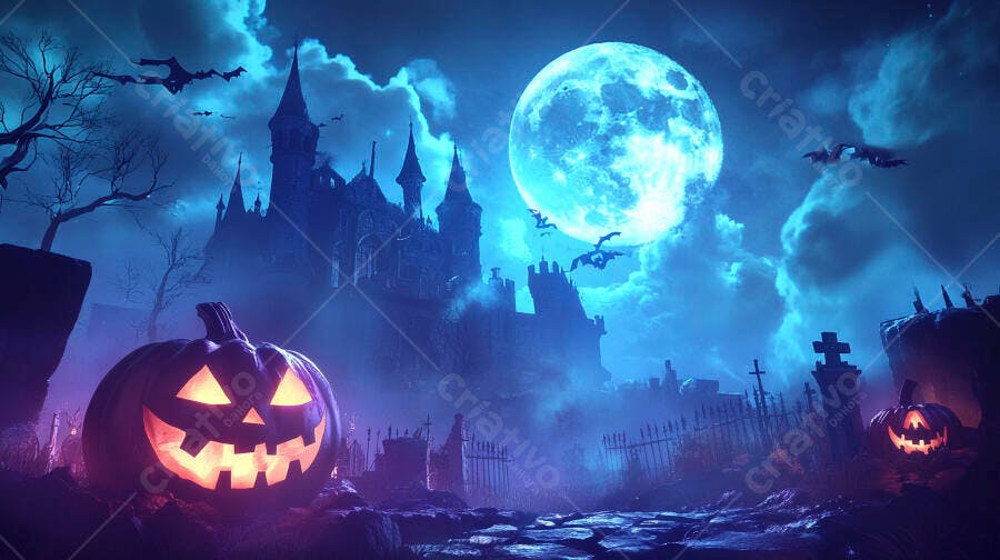 Foto Halloween Abóbora Iluminada Castelo Assustador Noite de Lua Cheia