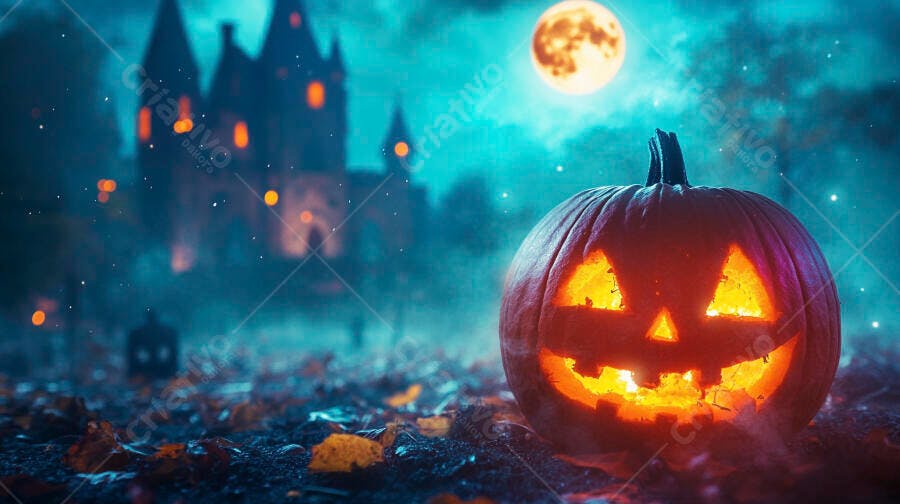 Foto Abóbora Halloween Iluminada Castelo Assombrado Noite Lua Cheia