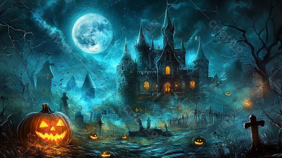 Castelo Assombrado Halloween Noite de Lua Cheia Abóboras