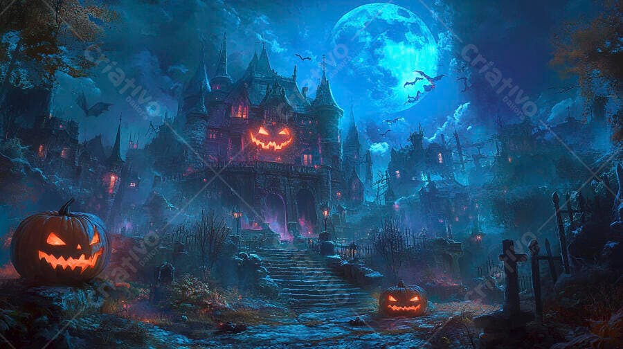 Ilustração Castelo Assombrado Halloween Lua Cheia Abóboras
