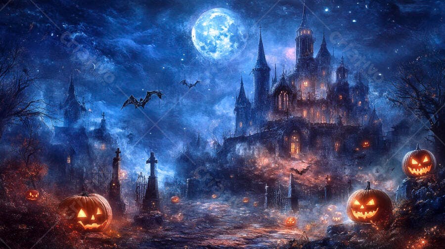 Castelo Assombrado Halloween Noite de Lua Cheia Abóboras