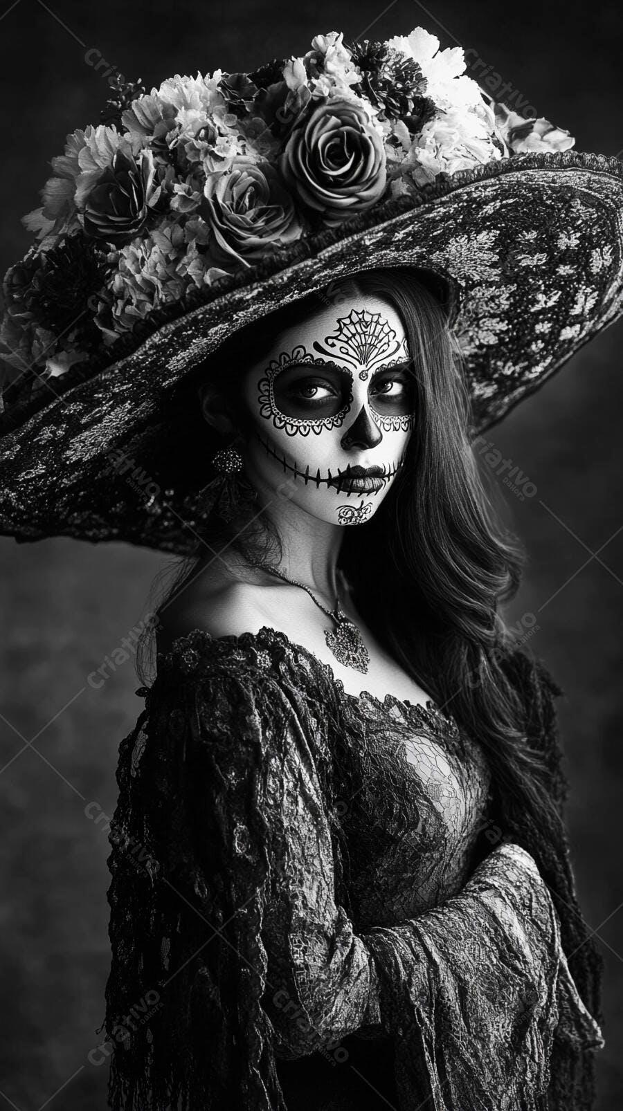 Foto Mulher Catrina Maquiagem Caveira Mexicana Chapéu Flores