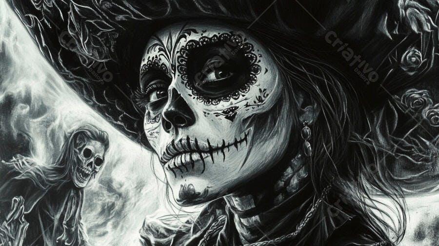 Ilustração Dia de Los Muertos Caveira Mexicana Mulher
