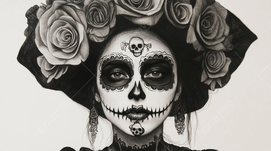 Mulher com maquiagem de caveira mexicana e chapéu de rosas Dia de los Muertos