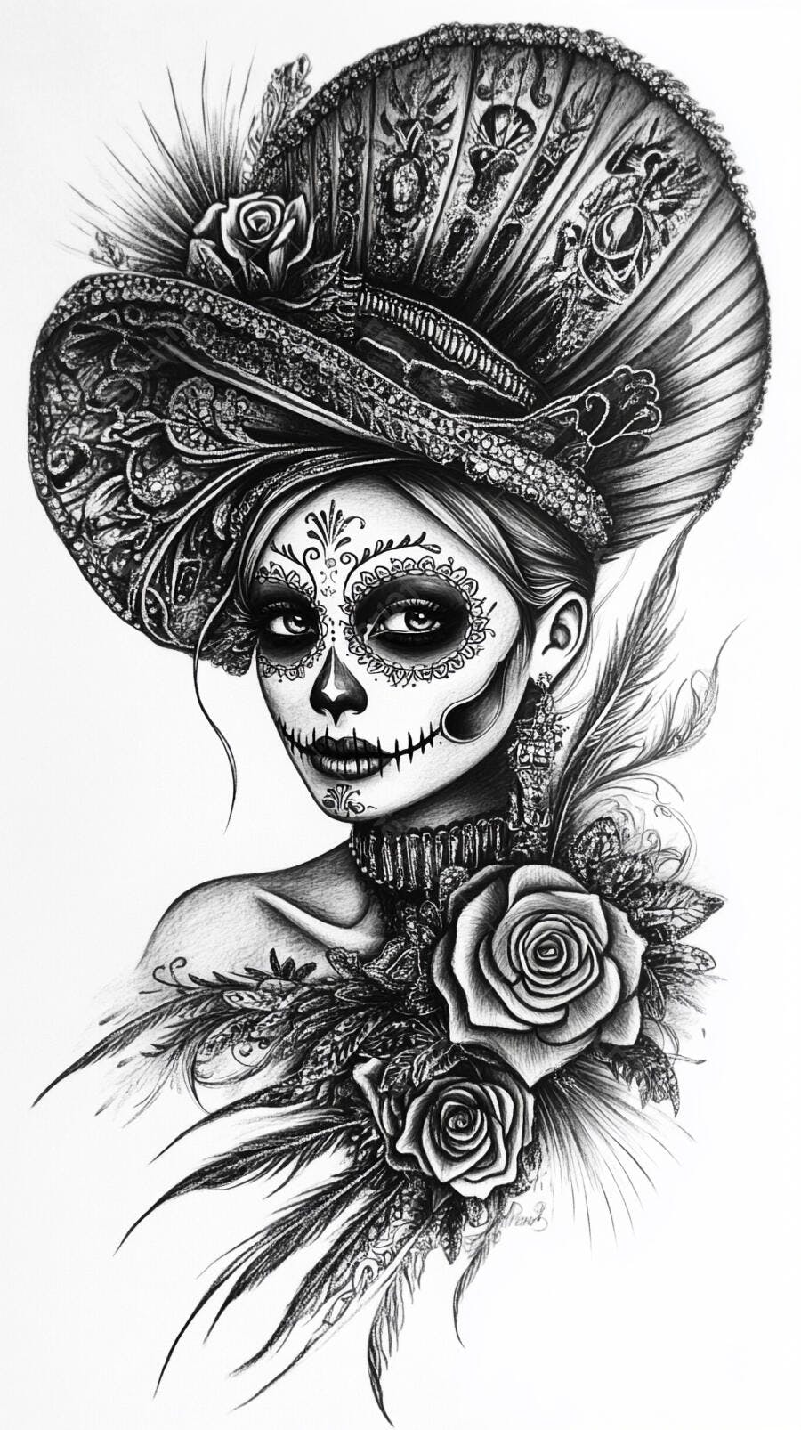 Ilustração Calavera Mexicana Mulher Chapéu Rosas Preto e Branco