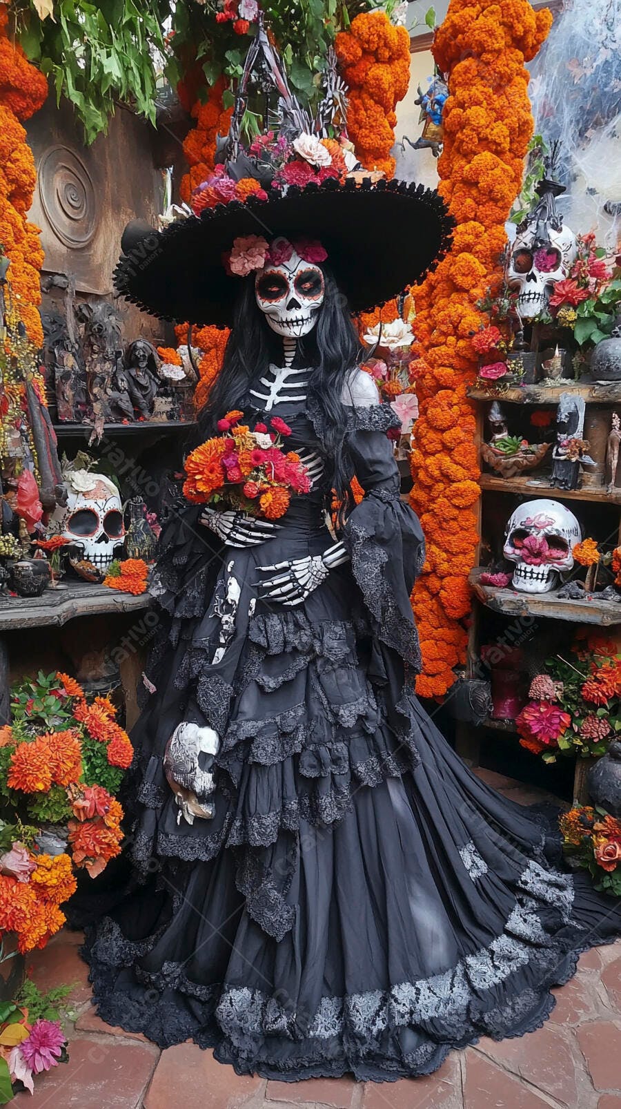 Foto Catrina Dia dos Mortos México Flores Laranjas