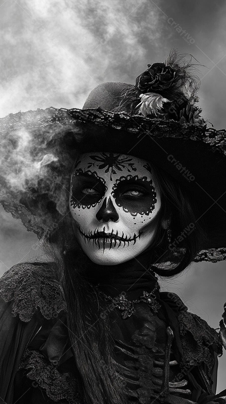 Foto Mulher Maquiagem Caveira Mexicana Chapéu Halloween