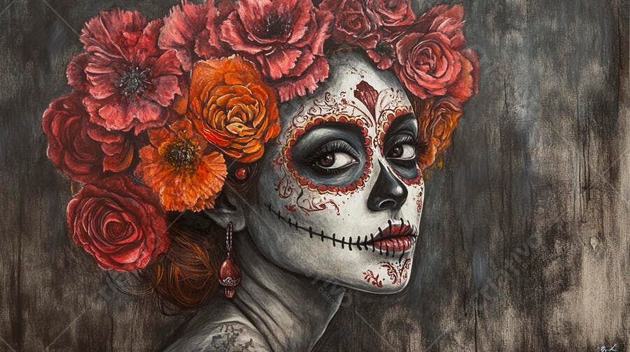 Foto Mulher Maquiagem Caveira Mexicana Dia dos Mortos Flores
