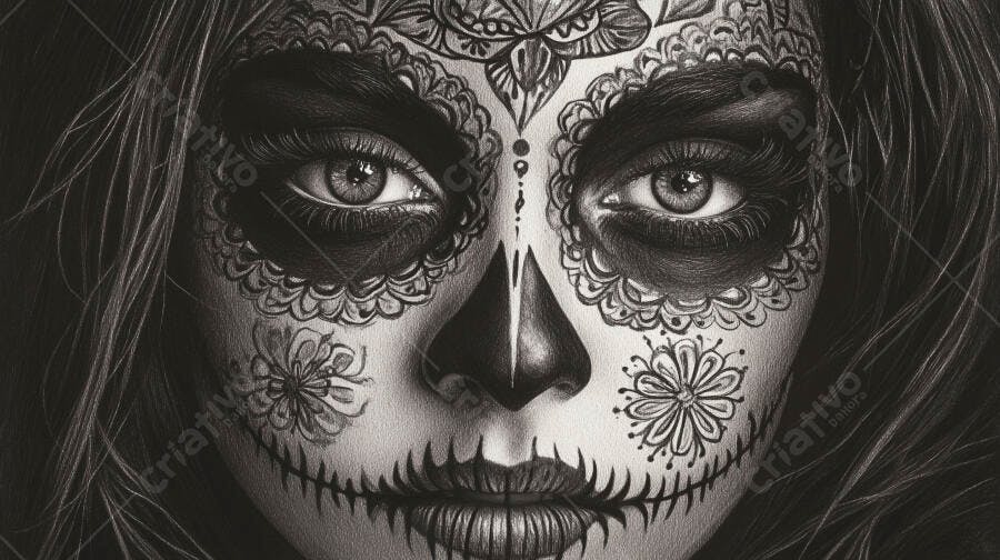 Foto Mulher Maquiagem Caveira Mexicana Dia dos Mortos P&B