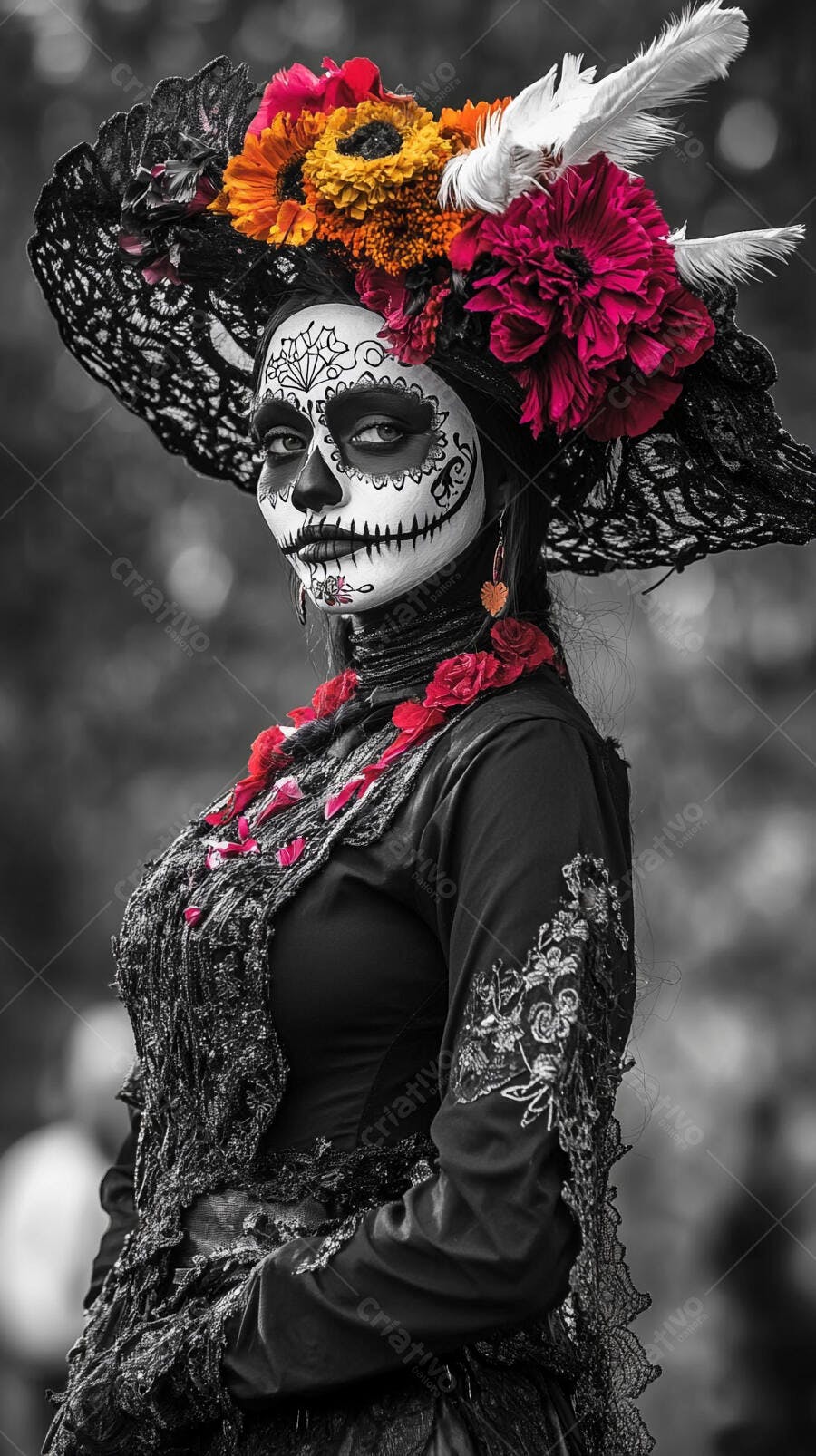 Foto Mulher Catrina Maquiagem Dia dos Mortos Chapéu Flores