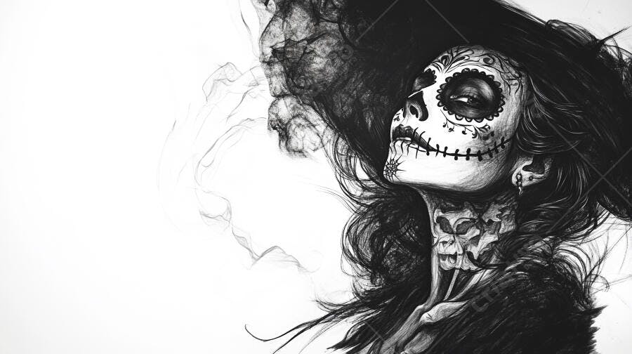 Ilustração Mulher Caveira Mexicana Dia de Los Muertos