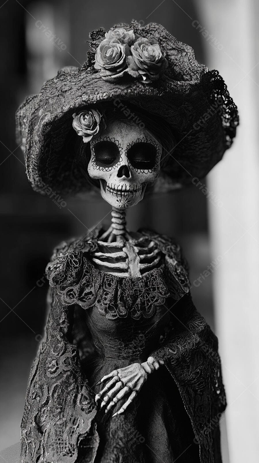 Foto Catrina Esqueleto Mexicana Chapéu Flores Preto e Branco