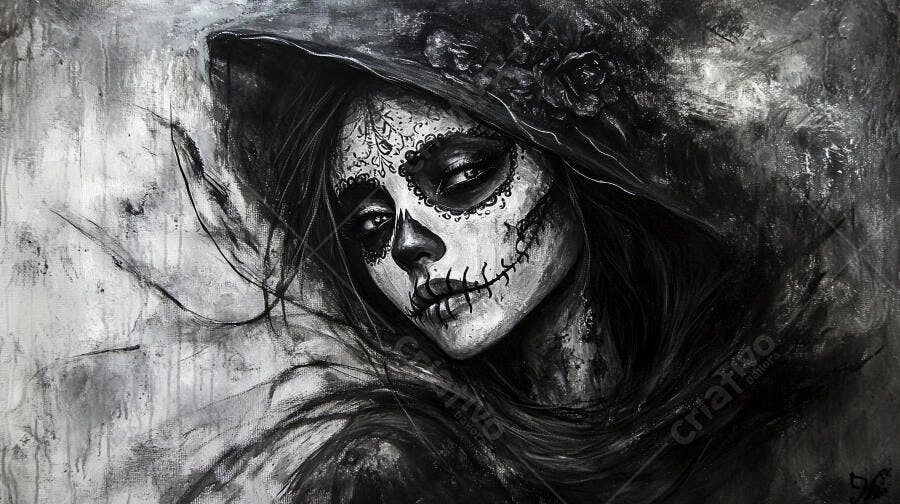 Ilustração Mulher Caveira Mexicana Dia dos Mortos Preto e Branco