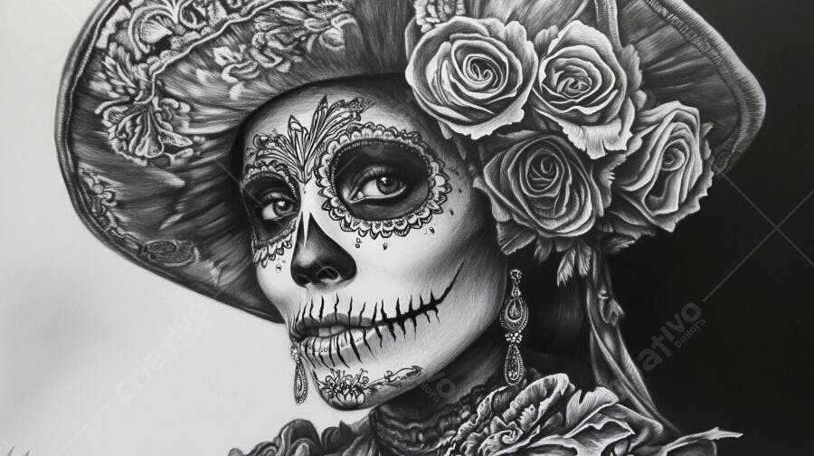 Foto Catrina Mexicana Dia dos Mortos Ilustração P&B