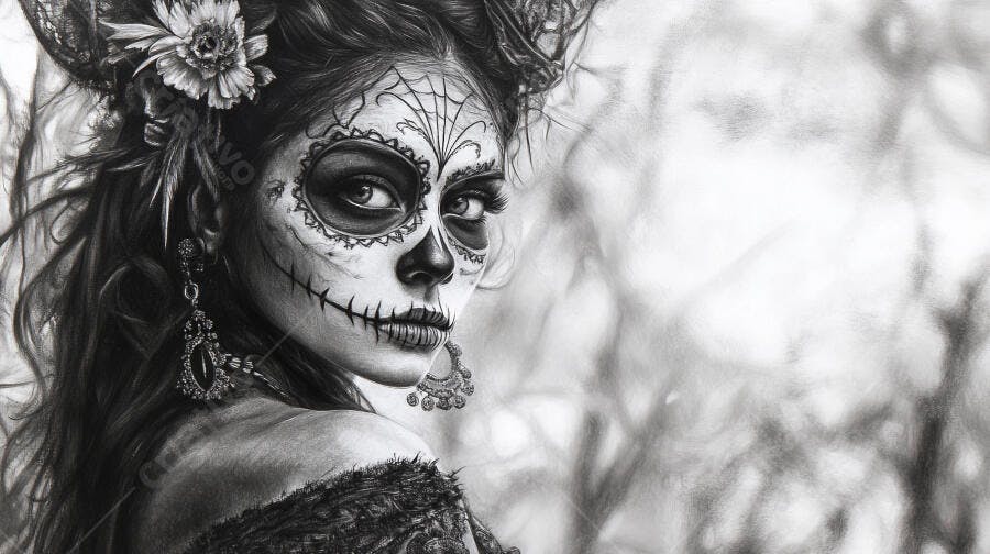Foto Mulher Maquiagem Caveira Mexicana Dia dos Mortos
