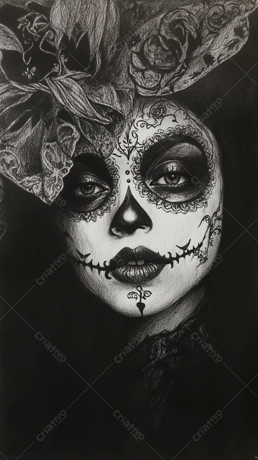 Ilustração Catrina Mexicana Desenho Preto e Branco Dia dos Mortos