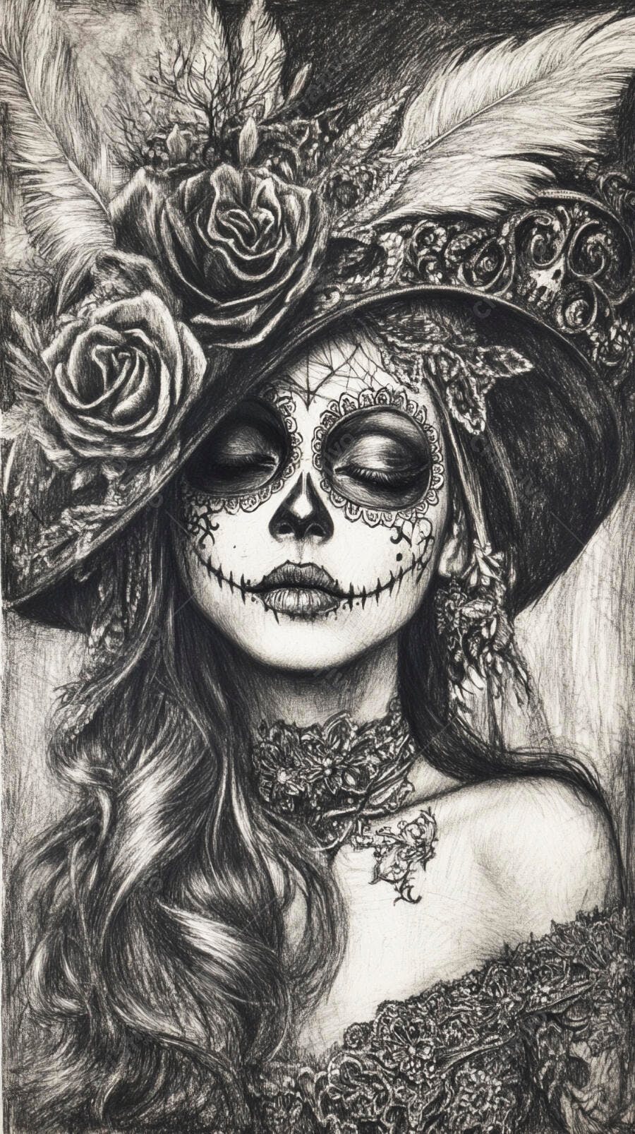 Desenho Mulher Catrina Dia de Los Muertos Chapéu Rosas