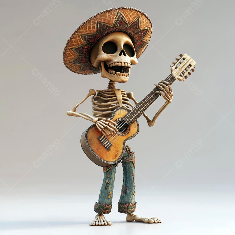 Esqueleto Mariachi Tocando Violão Sombrero Dia dos Mortos