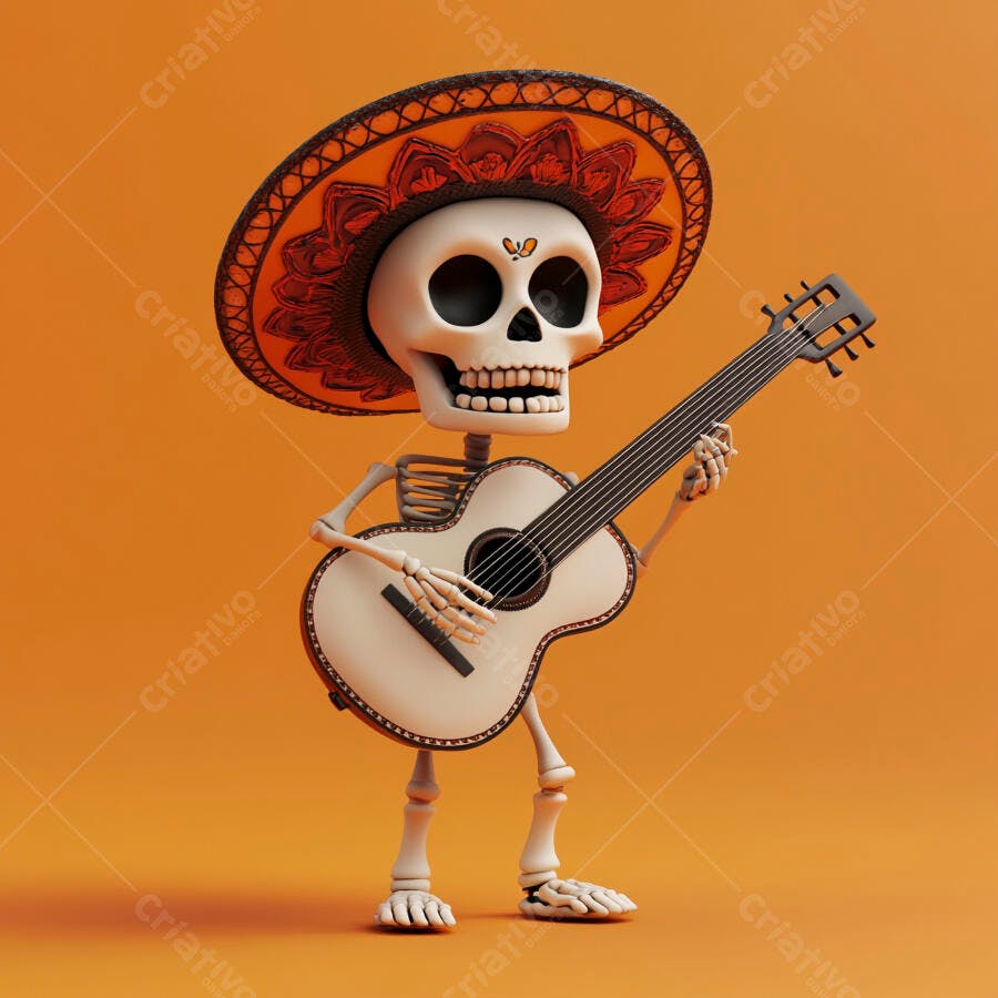 Caveira Mexicana Tocando Violão Sombrero Dia dos Mortos