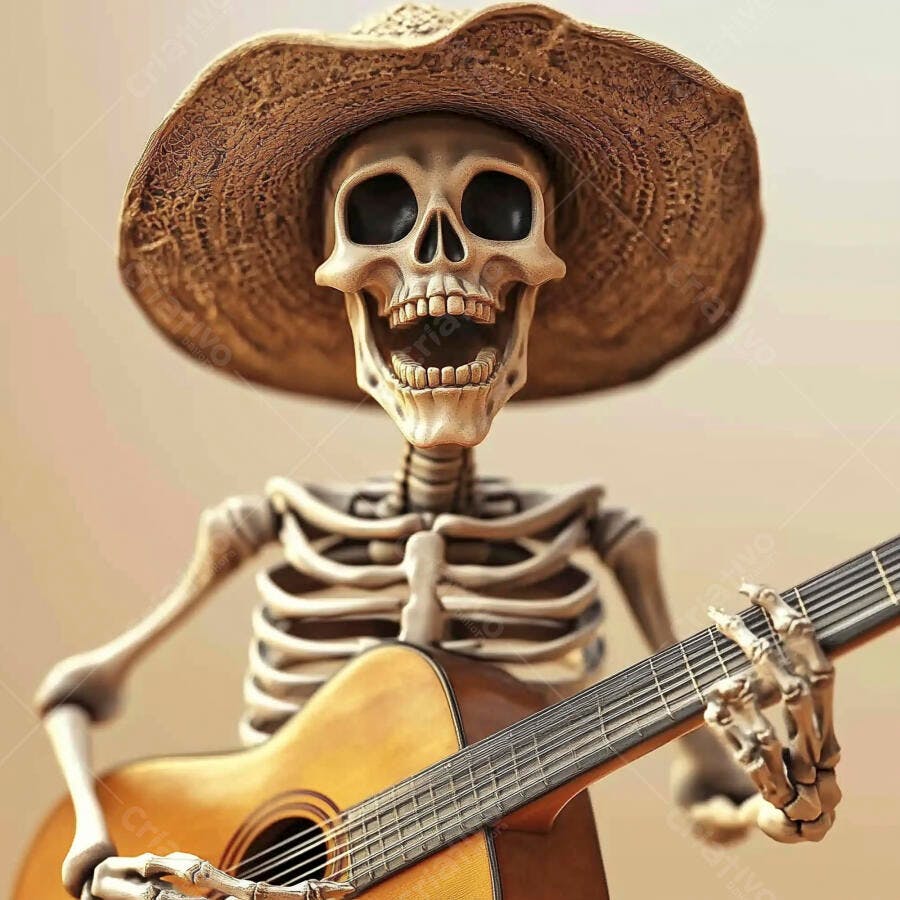 Esqueleto Mexicano Chapéu Sombrero Tocando Violão