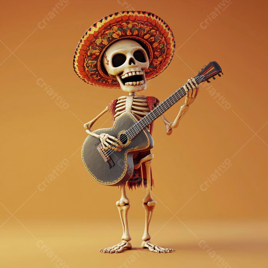 Esqueleto Mariachi Tocando Violão Sombrero Dia dos Mortos