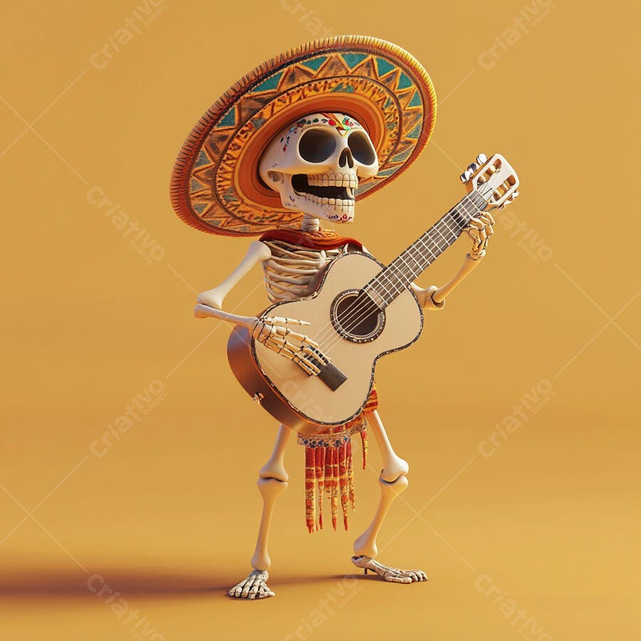 Foto Esqueleto Mariachi Sombrero Guitarra Dia dos Mortos
