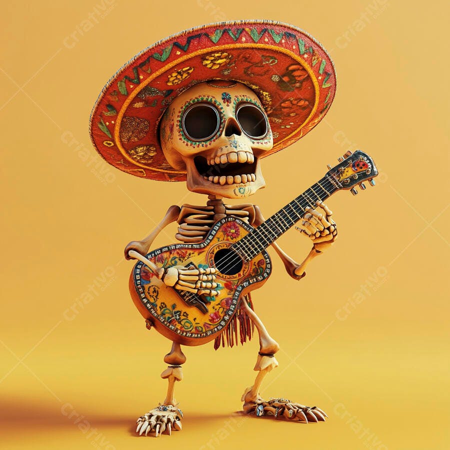 Caveira Mexicana Sombrero Guitarra Dia de Los Muertos