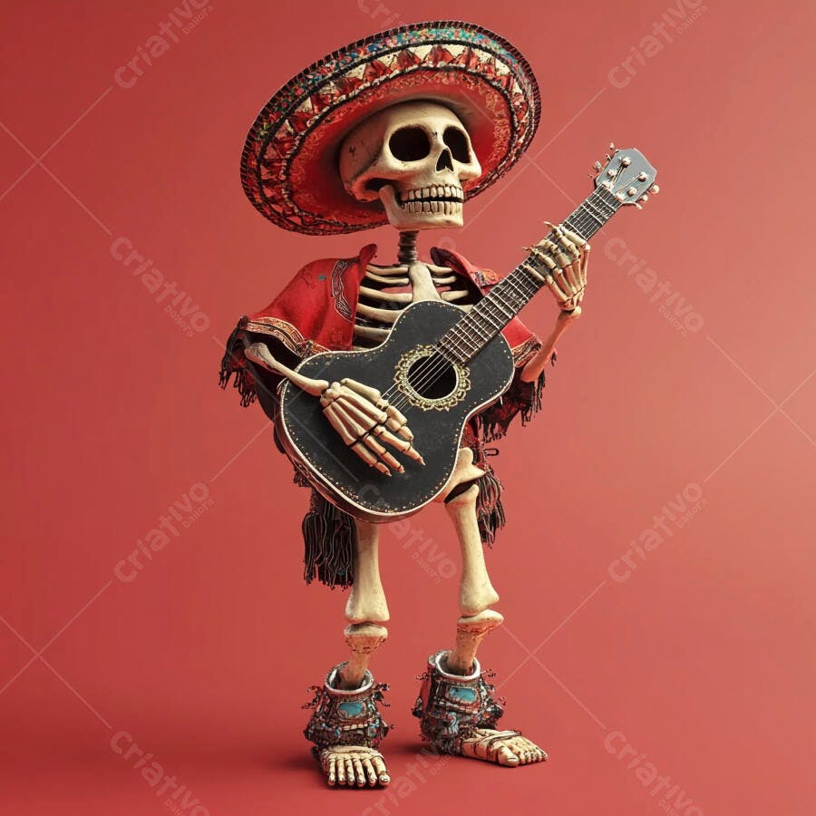 Foto Esqueleto Mariachi Sombrero Guitarra Fundo Vermelho