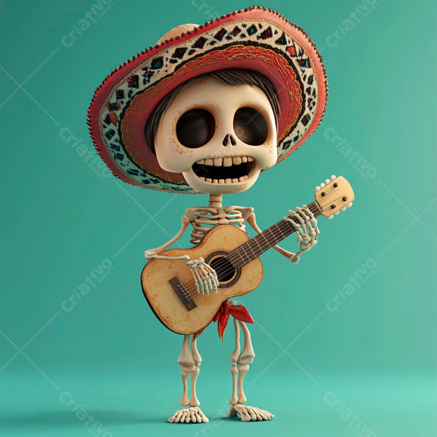 Esqueleto Mexicano Sombrero Tocando Violão Dia dos Mortos