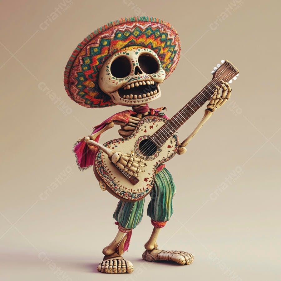 Esqueleto Mexicano Tocando Violão Dia de Los Muertos