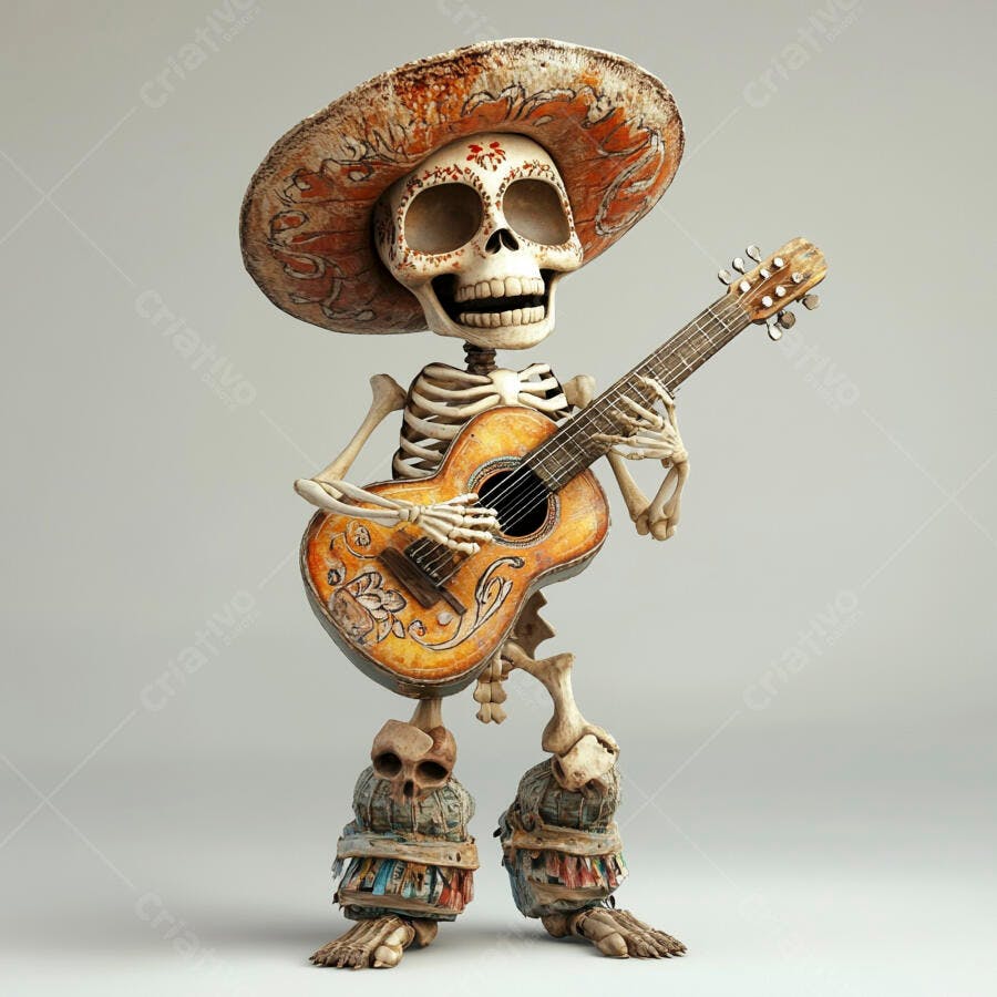 Foto Esqueleto Mexicano Sombrero Guitarra Dia dos Mortos