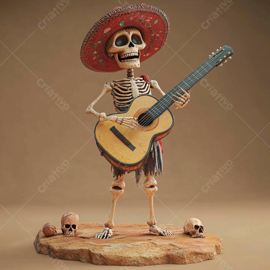 Esqueleto Mariachi Tocando Violão Dia de Los Muertos