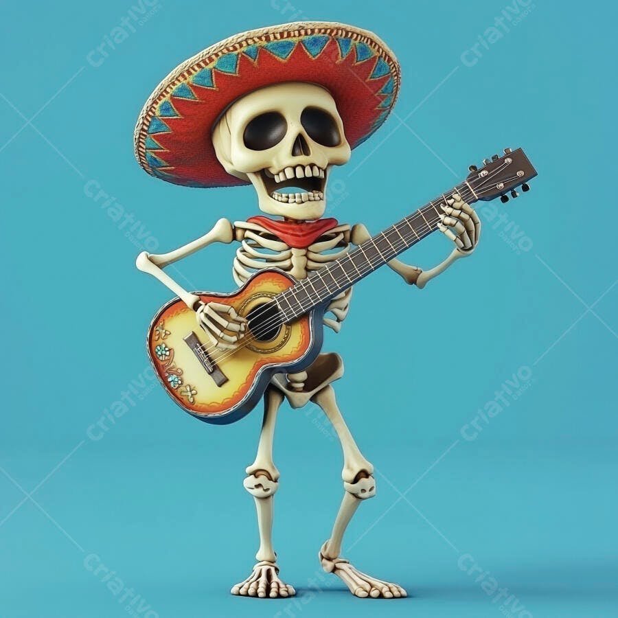 Esqueleto Mexicano Sombrero Tocando Violão Dia dos Mortos