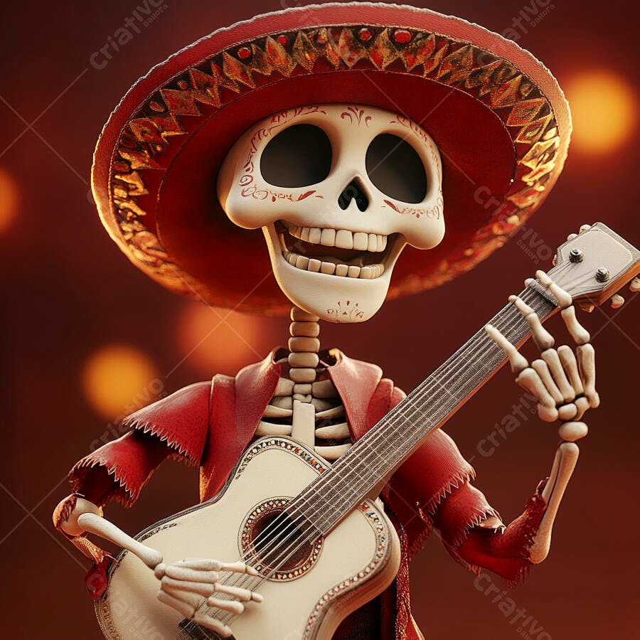 Foto Esqueleto Mexicano Sombrero Guitarra Dia de Los Muertos