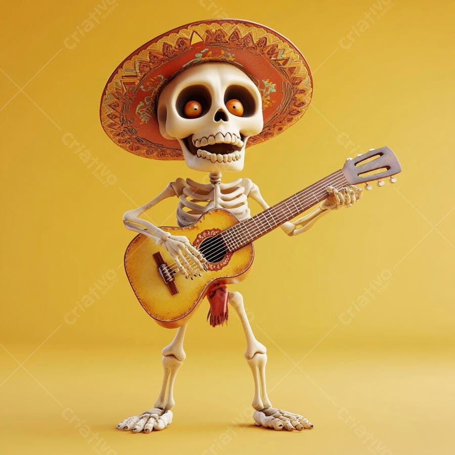 Esqueleto Mexicano Tocando Violão Sombrero Dia dos Mortos