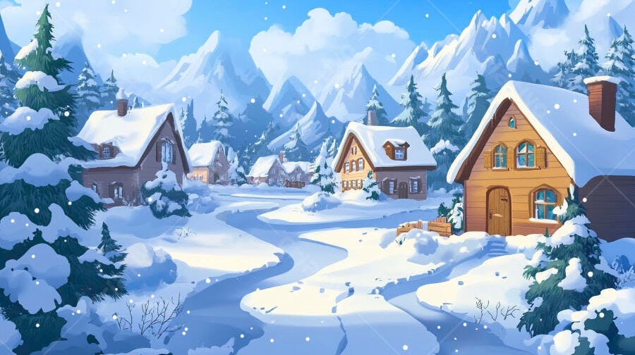 Ilustração Vila de Inverno Nevado Montanhas e Casas