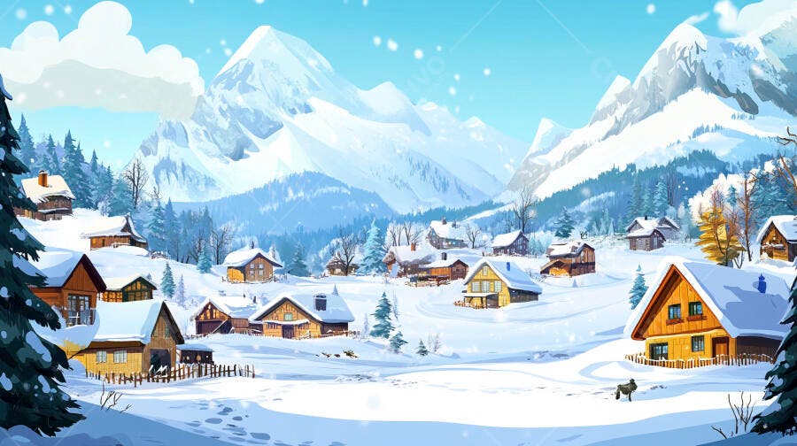 Ilustração Vila Neve Montanhas Inverno Paisagem
