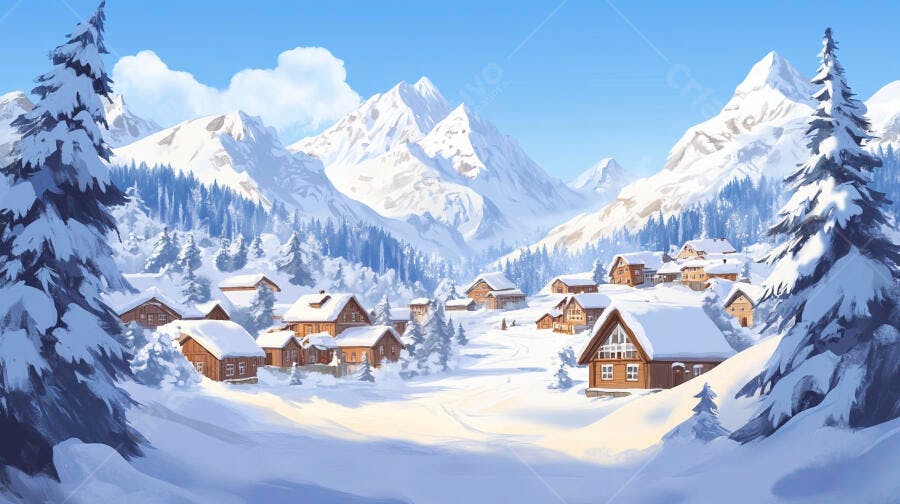 Vila Neve Montanhas Inverno Cenário Paisagem Desenho