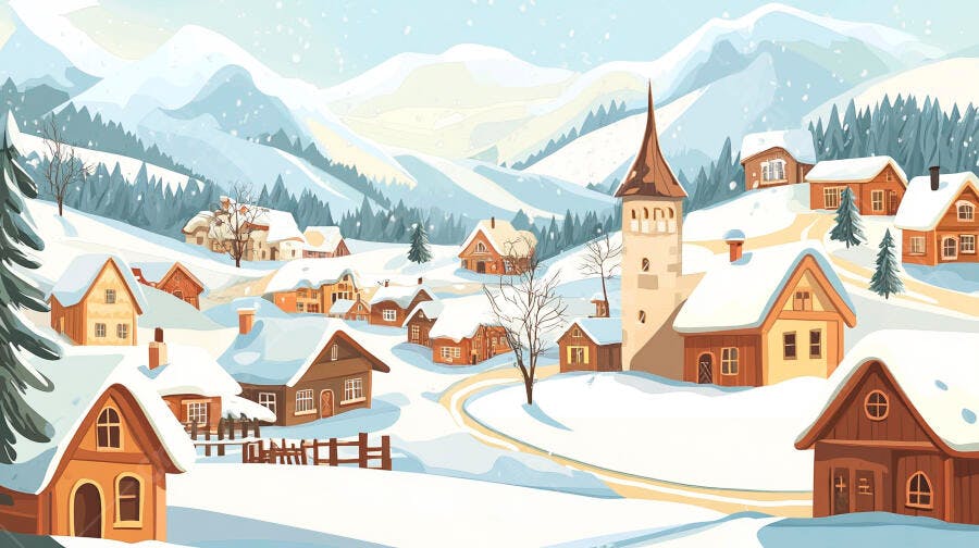 Vila de Inverno Neve Montanhas Desenho Animado