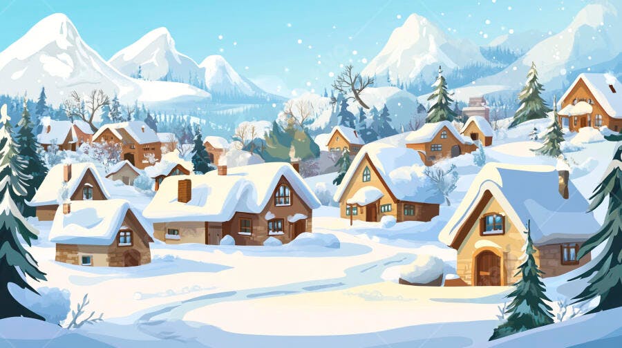 Vila de Inverno Nevasca Casas Cobertas Neve Montanhas